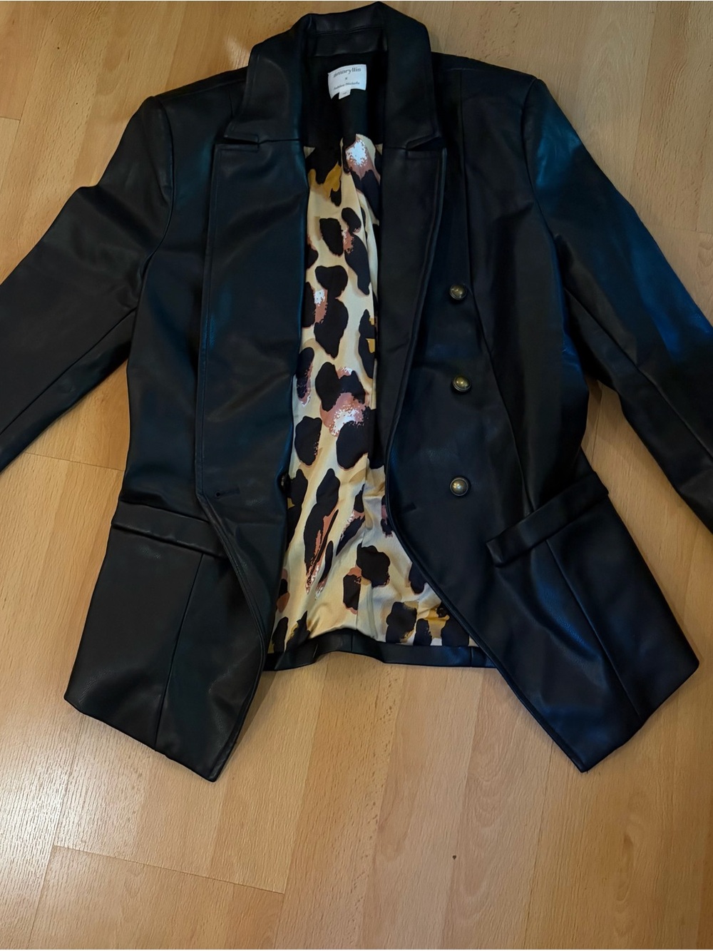 Amaryllis Black Faux Leather Blazer with Leopard-Print Lining